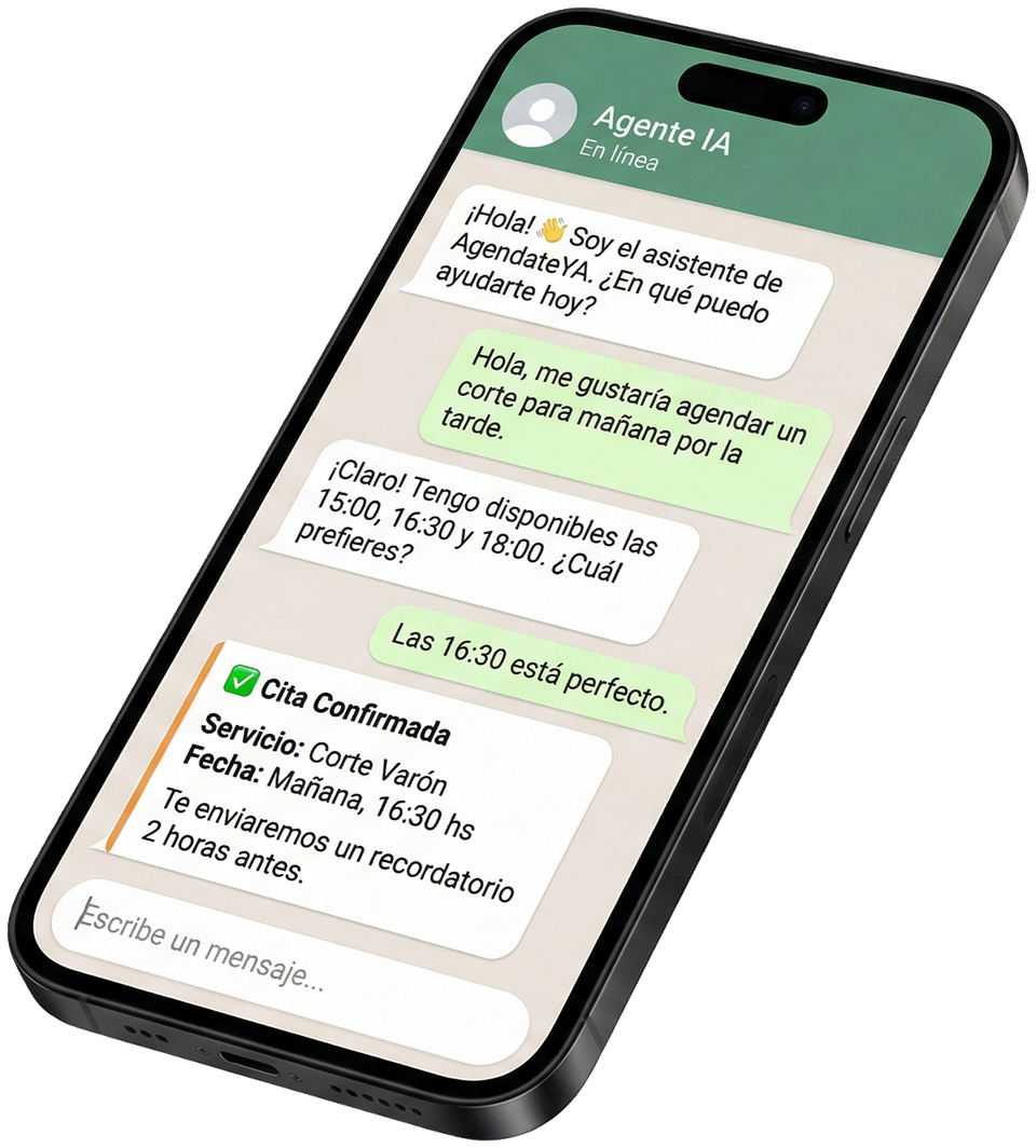 Telefono mostrando chat de Agente IA con reserva confirmada